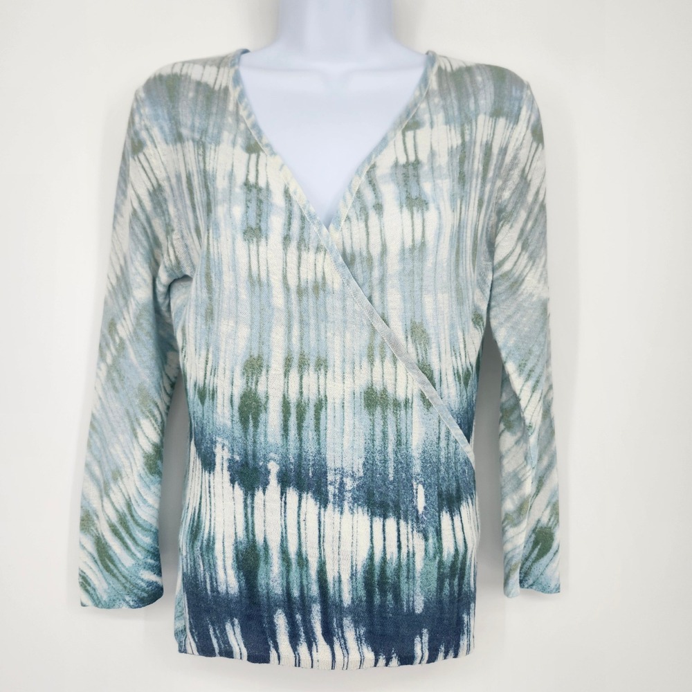 NIC+ZOE Womens Coastal Watercolor Linen Blend Wrap Top Size XS Beach Blue Green